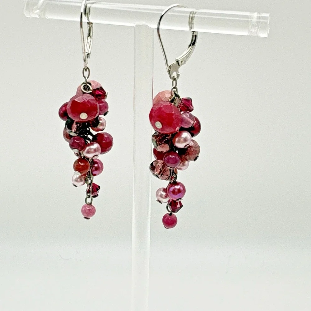 Sterling Silver Pierced Earrings Cha Cha Rhodonite Pearl Pink Dangle 925